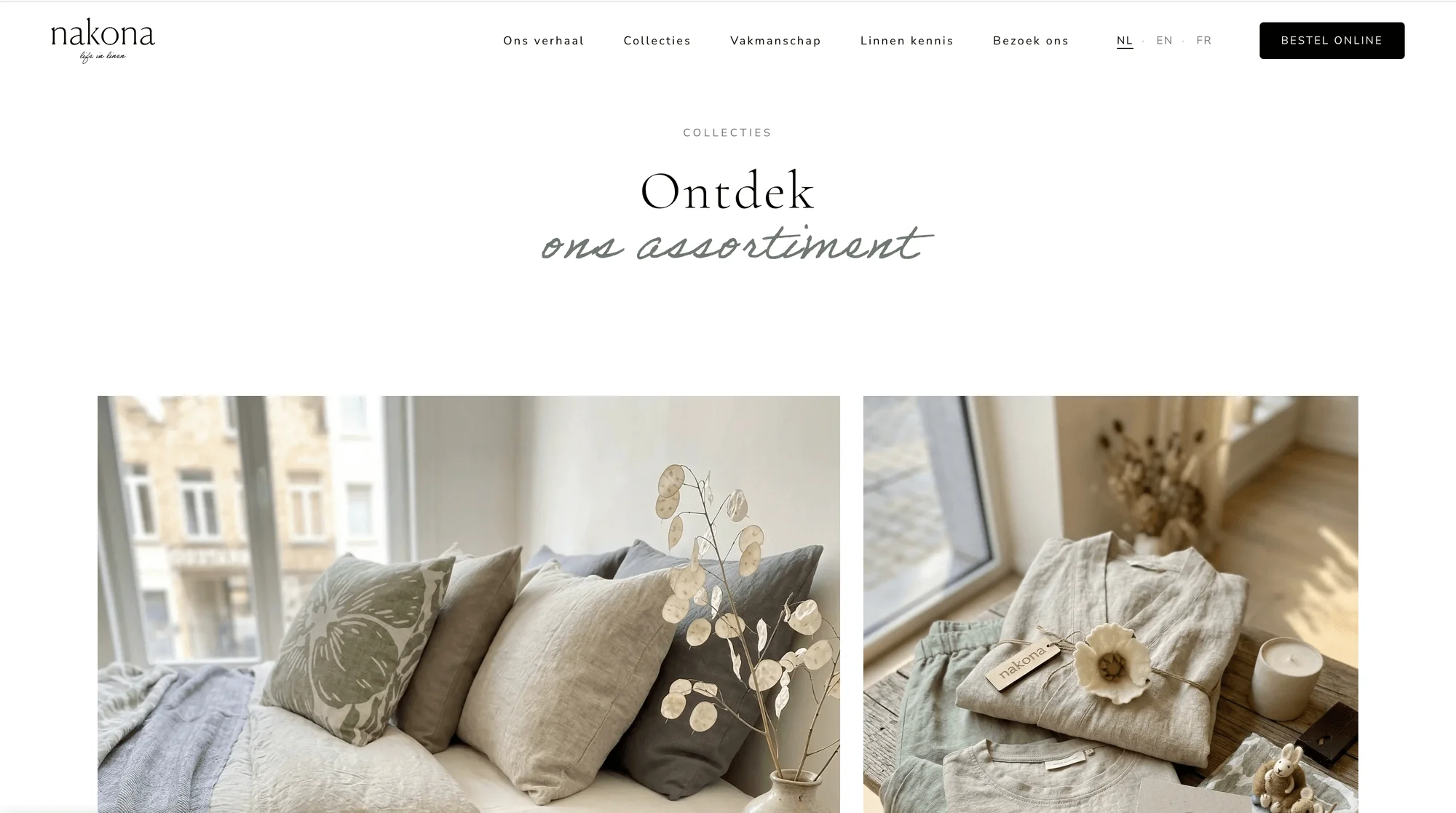 Collectiepagina van de Nakona-website met linnen kussens en kleding in lichte sfeerfoto's