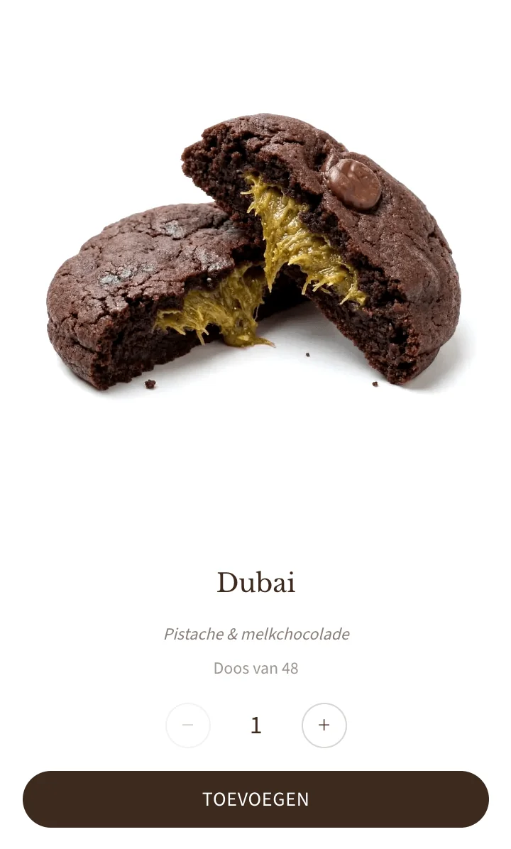 Productpagina in de Gâté-webshop op een telefoon: cookie Dubai met pistache en melkchocolade