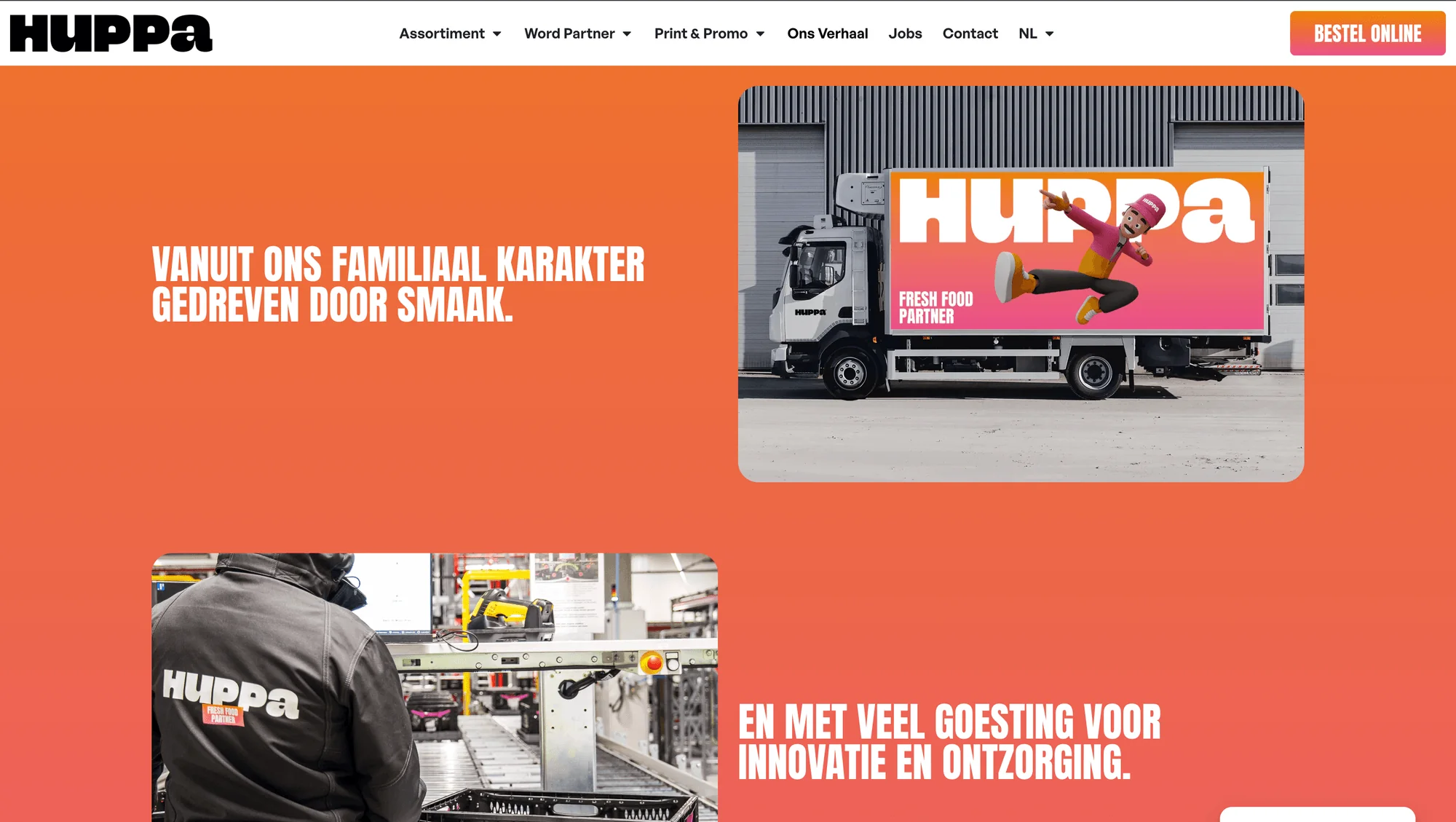 Huppa-website met een vrachtwagen in Huppa-huisstijl en een medewerker in het distributiecentrum